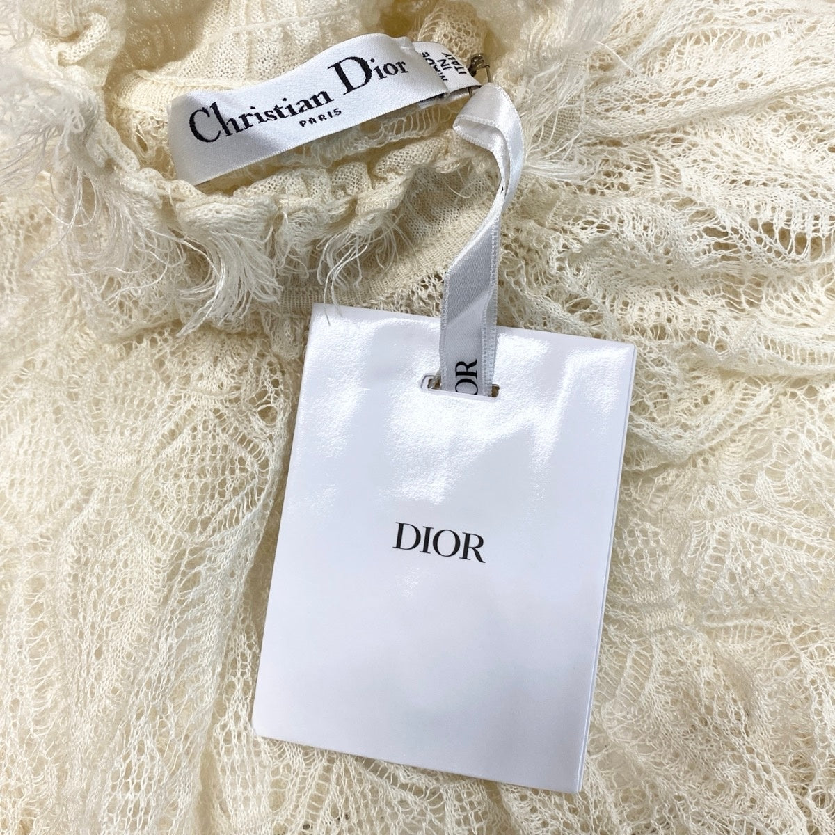 Ej13 【未使用タグ付】 Christian Dior クリスチャンディオール  ハイネック レース ニット トップス 124S3AS763 サイズ34 オフホワイト リネン カシミヤ シルク レディースu02t