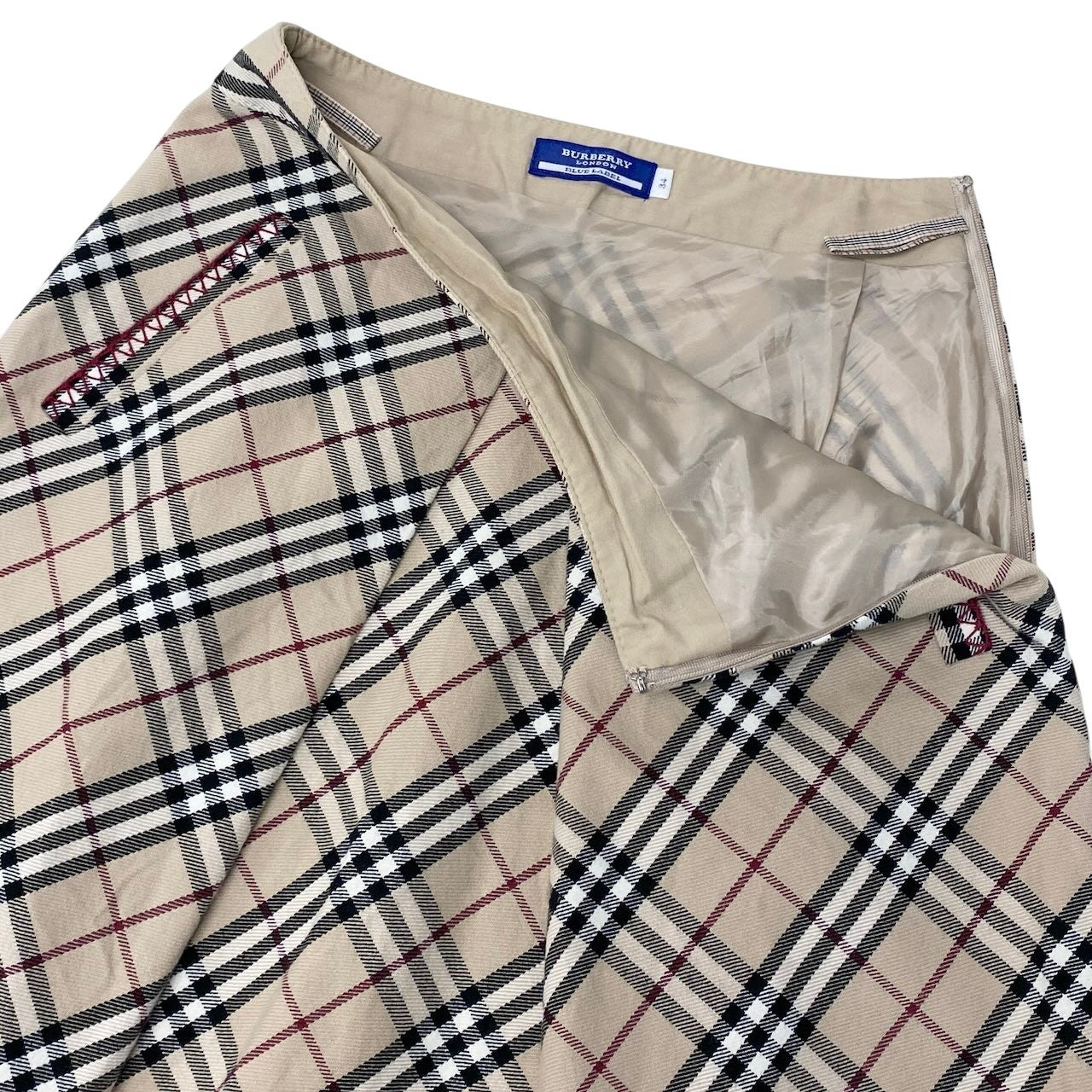 Ig6 BURBERRY LONDON BLUE LABEL バーバリーロンドン ブルーレーベル ノバチェック柄 フレアスカート 膝丈 FL525-400 サイズ34 ベージュ レディースo07t