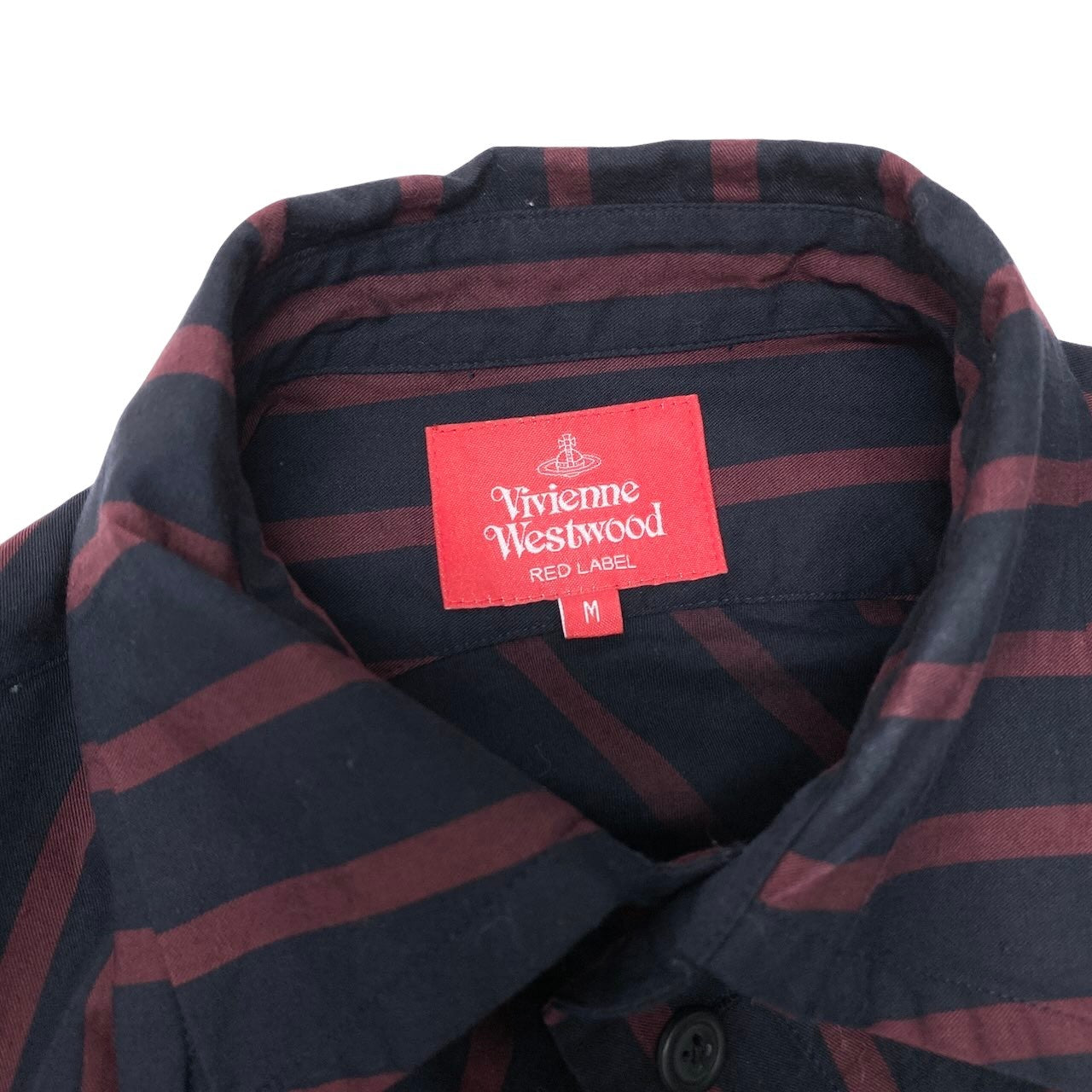 Af8 Vivienne Westwood RED LABEL ヴィヴィアンウエストウッドレッドレーベル アシンメトリー ロングスリーブシャツ ストライプ柄 オーブロゴ刺繍 サイズM ネイビー ワインレッド コットン100％ レディース 女性用u02t