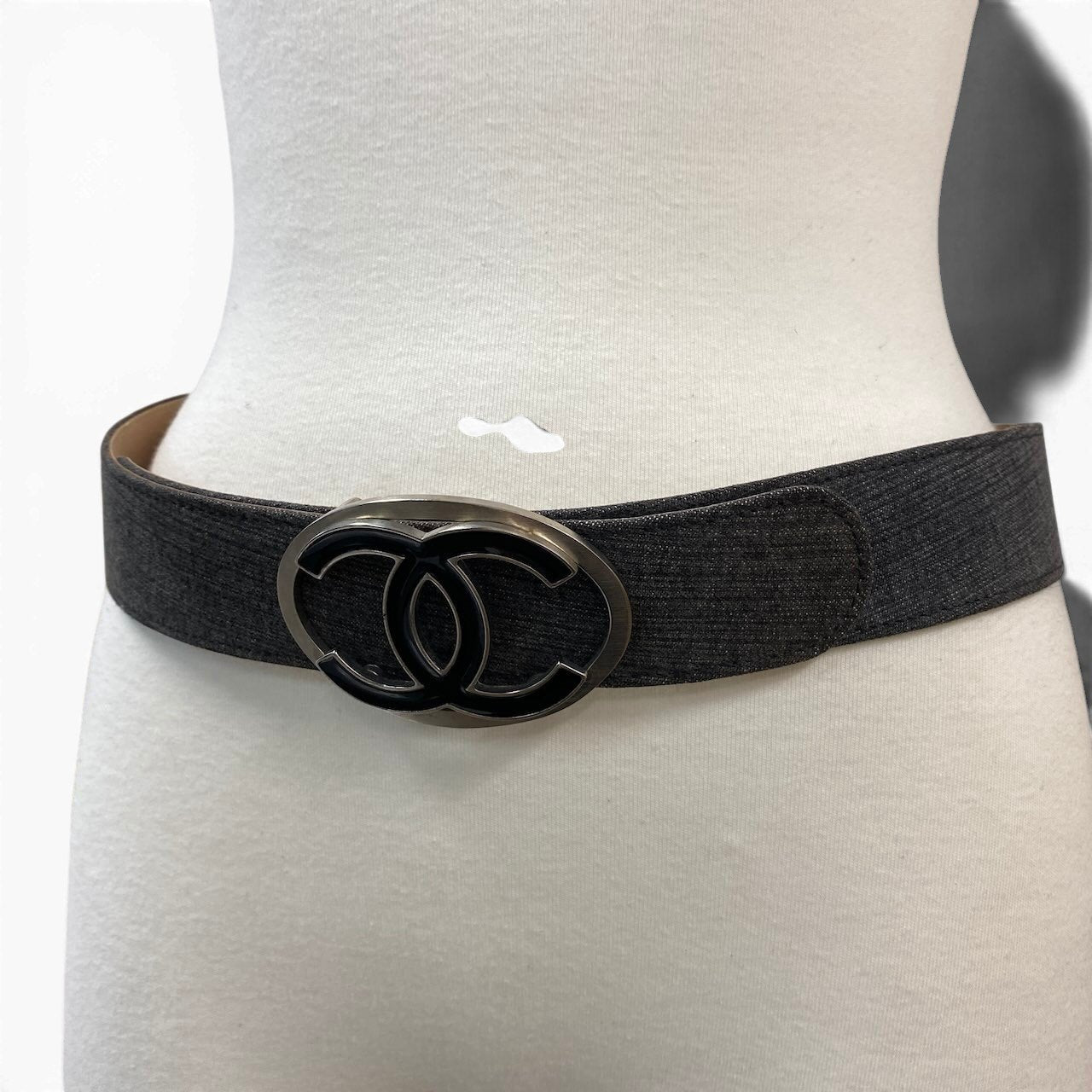 f10 CHANEL シャネル 07P ココマークバックル デニム地 レザーベルト 36/90 グレー系 レディース 女性用ta1