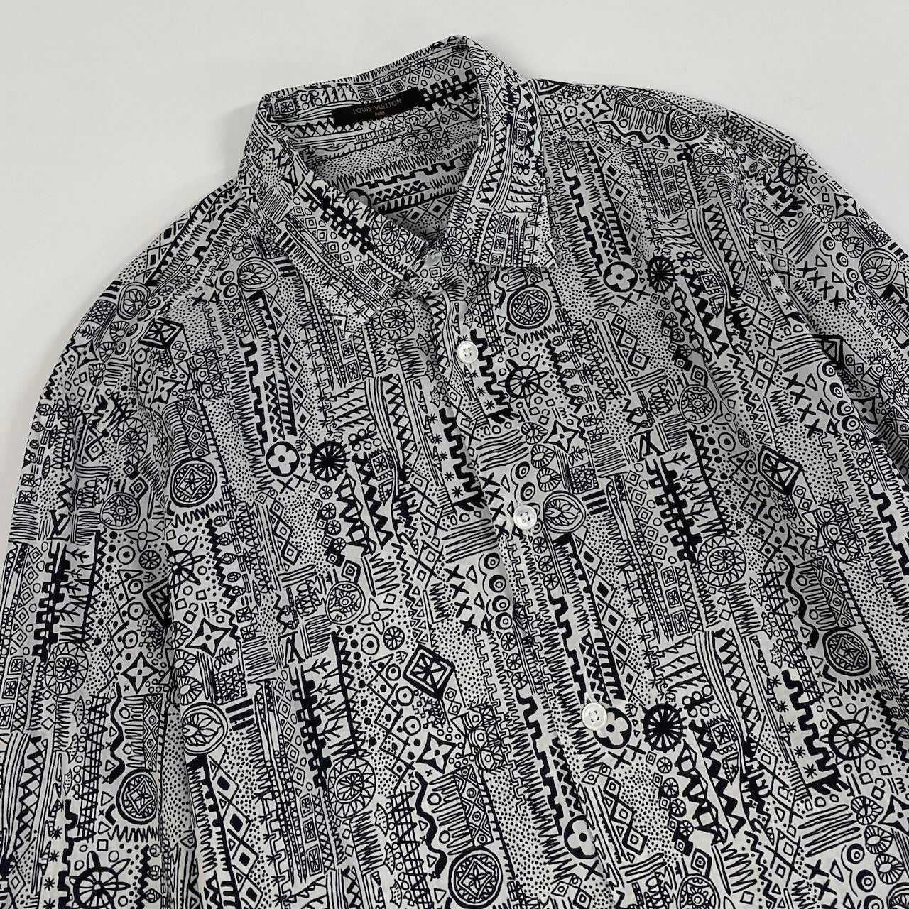 23e14 LOUIS VUITTON ルイヴィトン 長袖コットンシャツ  総柄 イタリア製 Mサイズ ホワイト ブラック コットン100％ メンズ 男性用u02t