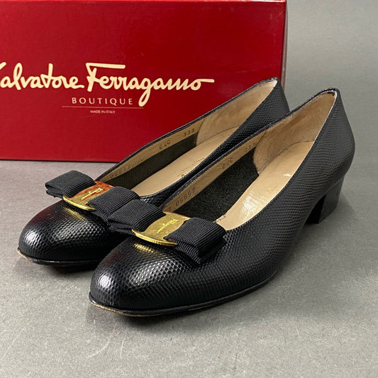 5f11 Salvatore Ferragamo サルヴァトーレフェラガモ ヴァラリボン リザード パンプス サイズ6 1/2C ブラック レザー レディース 婦人 女性靴