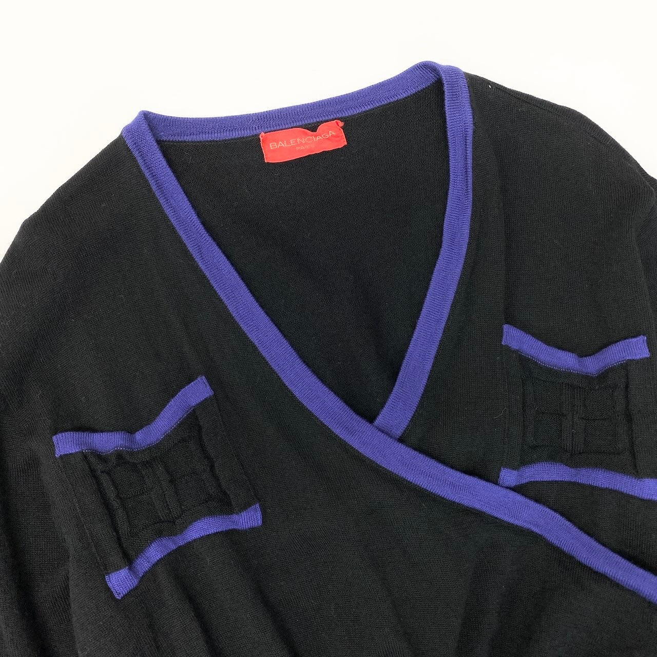 41d10 BALENCIAGA バレンシアガ 長袖ニットカーディガン BBロゴ 変形デザイン レディース 女性用 M ブラックパープル ウール100％u02t