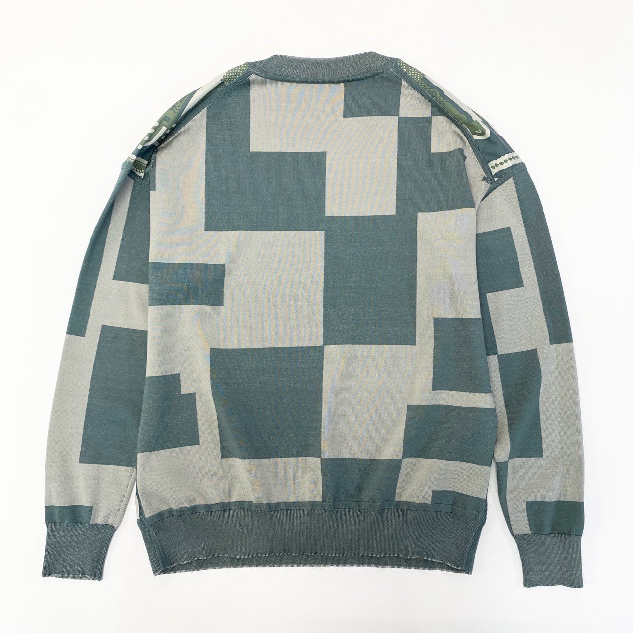 86a16 HERMES エルメス LE TRESOR DE MEDOR RAYURE ツイルレーヌ 長袖カットソー ニット切替 総柄 シルク100％ メンズ 紳士服 2H2835D5 34 グリーン系 グレーo07t