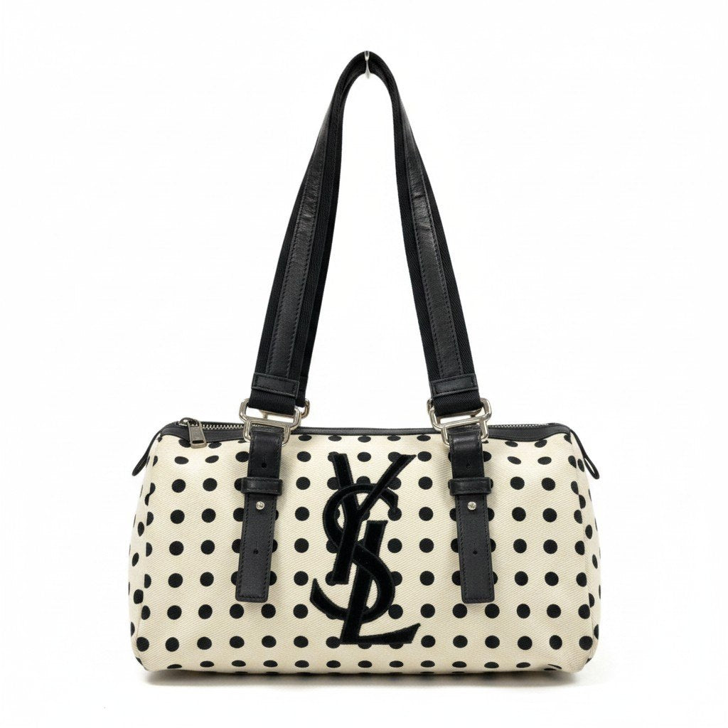 e4 《美品》 Yves Saint Laurent イヴサンローラン ポルカドット ミニボストンバッグ Vintage Polka Dot Mini Boston ホワイト ブラックt18r