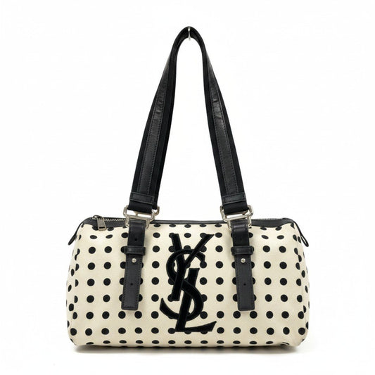 e4 《美品》 Yves Saint Laurent イヴサンローラン ポルカドット ミニボストンバッグ Vintage Polka Dot Mini Boston ホワイト ブラックt18r