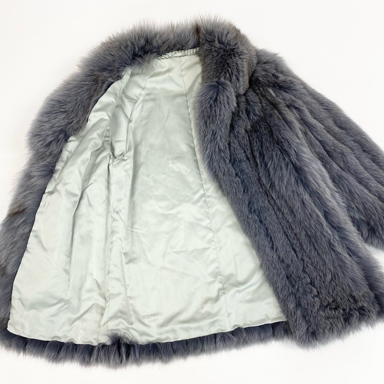 51k19 染め ブルーフォックス ファーコート パープル系 本毛皮 FOX FUR リアルファー 裏地刺繍 ポケット有t18r