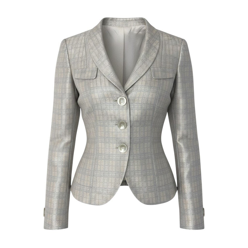 91g24 【美品】 GIORGIO ARMANI ジョルジオアルマーニ テーラードジャケット  BORGO21 チェック柄 丸襟 サイズ36 光沢ベージュ ライトグレー レディースu02t