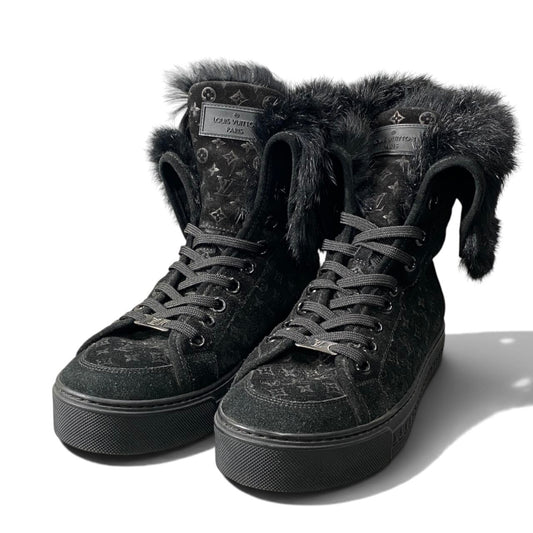 h21 LOUIS VUITTON ルイヴィトン モノグラム ファー × スエード スニーカー Monogram Fur Trim High-Top Sneakers 37 1/2 ブラックt18r