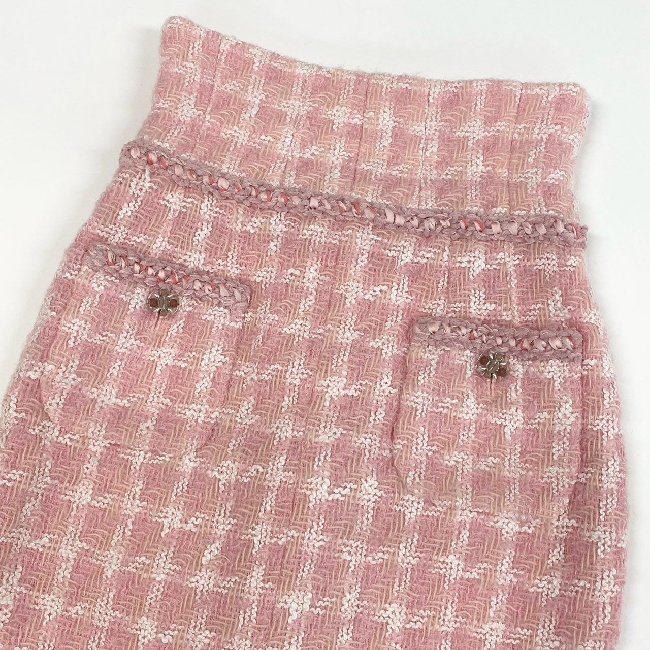 60a14 CHANEL シャネル 2014 collection P50302 グリポア ツイードトリムスカート ダブルジップ サイズ34 ピンク レディースta1