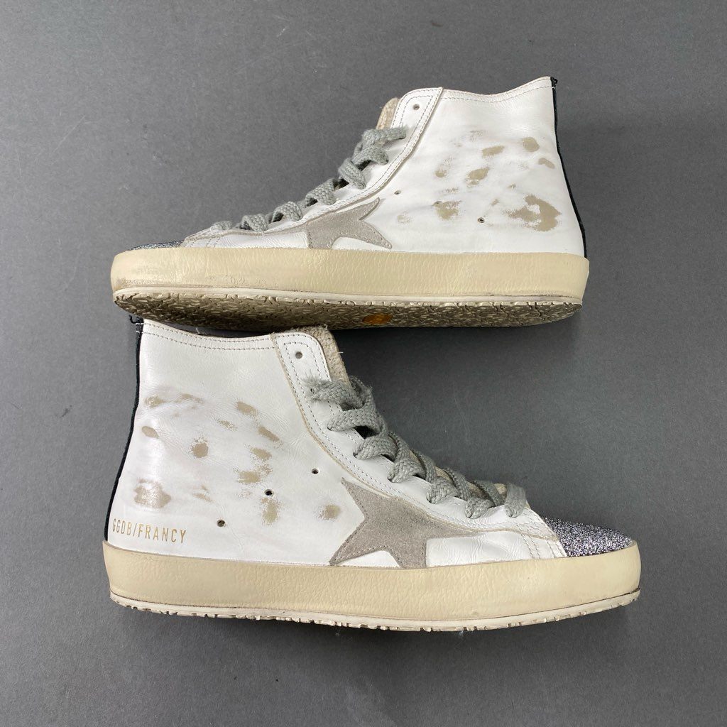 3d21 【美品】 GOLDEN GOOSE ゴールデングース GGDB FRABCY ハイカットスニーカー 35 ホワイト レザー グリッター ヴィンテージ加工