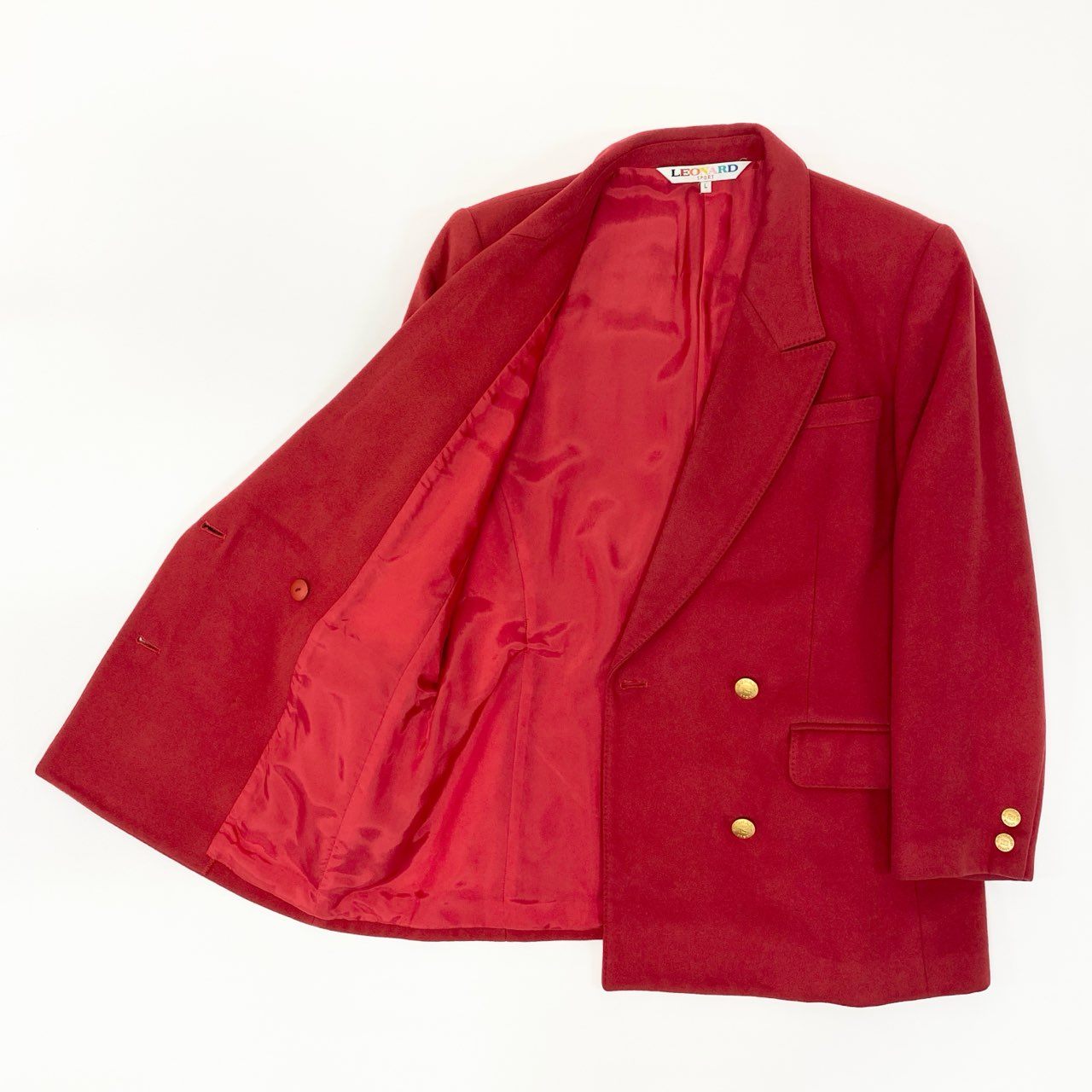 15Ⅼ1 LEONARD レオナール テーラードジャケット ブレザー カシミヤジャケット 金ボタン Lサイズ レッド カシミヤ100％ レディースo07t