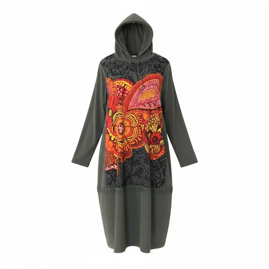 5c10 TOKUKO 1er VOL トクコプルミエヴォル フーデット ロングワンピース 長袖 花柄 ビッグプリント レース装飾 レディース 女性服 サイズ9 グレーu02t