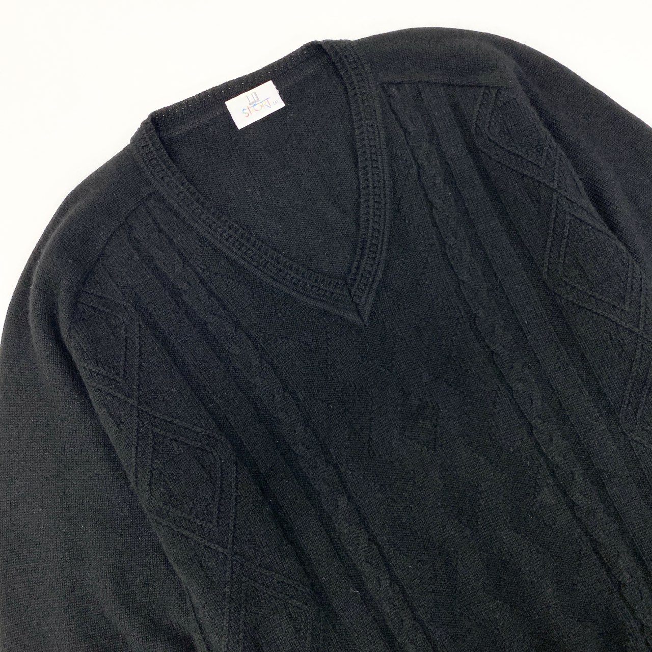 77L8 dunhill ダンヒル Ⅴネック ケーブル編み ニット セーター トップス 4 胸囲100～108 ブラック カシミヤ100 メンズ 紳士服u02t