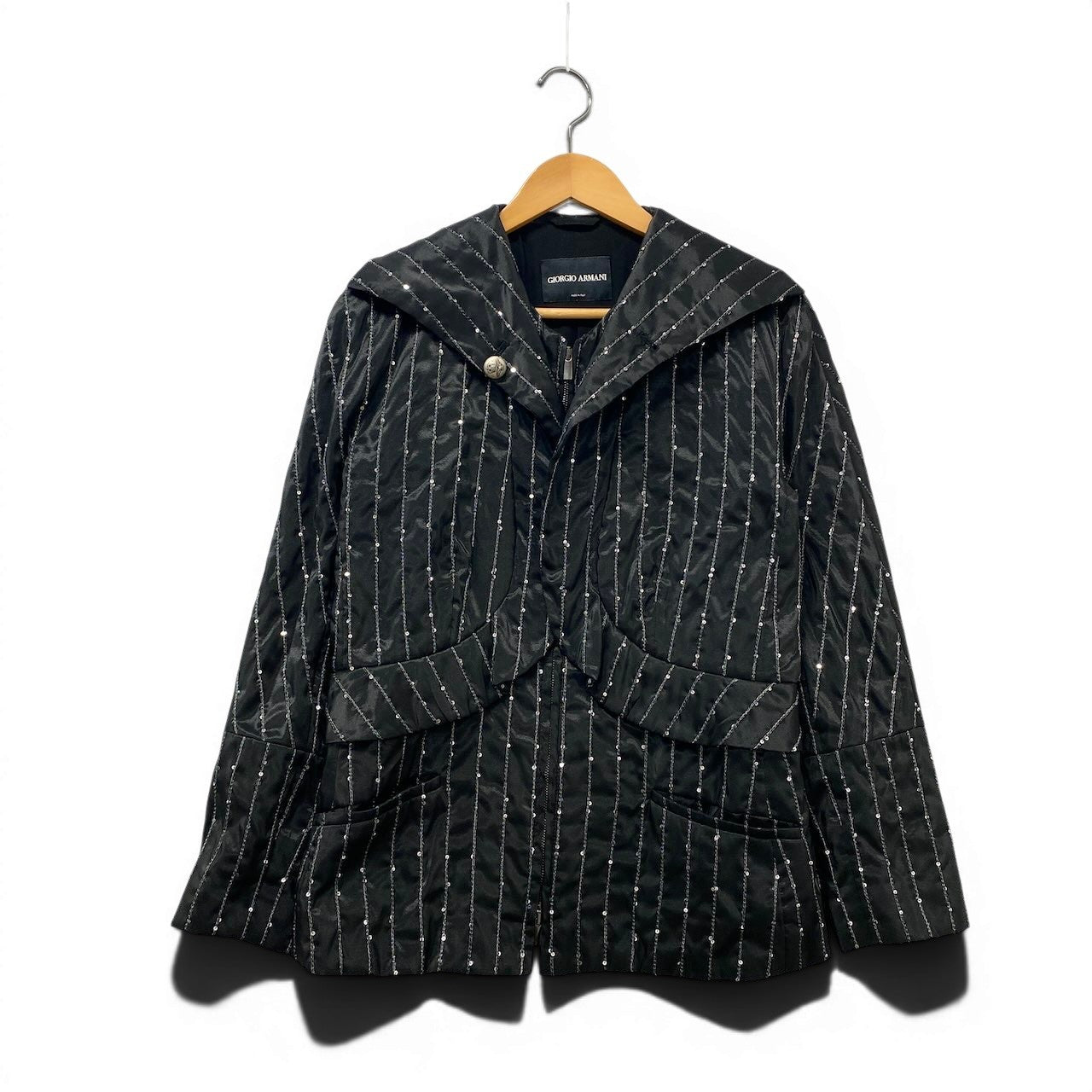 72e21 GIORGIO ARMANI ジョルジオアルマーニ 変形ジャケット ストライプ スパンコール ダブルジップ アウター イタリア製 46サイズ ブラック レディース 女性用t18r