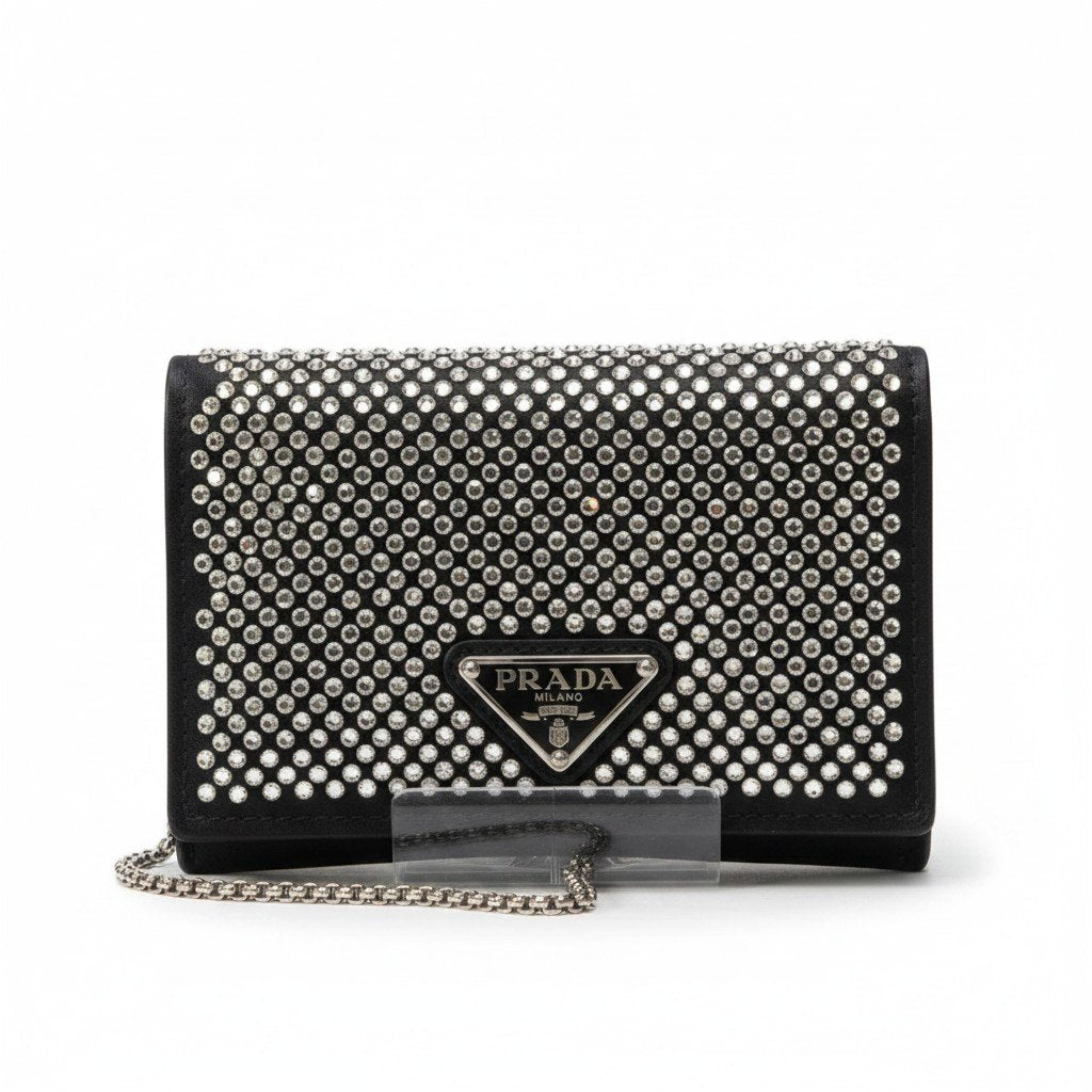 PRADA プラダ ラインストーン フラップカードホルダー ミニバッグ ブラック シルバー レディースta1