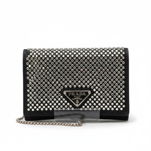 PRADA プラダ ラインストーン フラップカードホルダー ミニバッグ ブラック シルバー レディースta1
