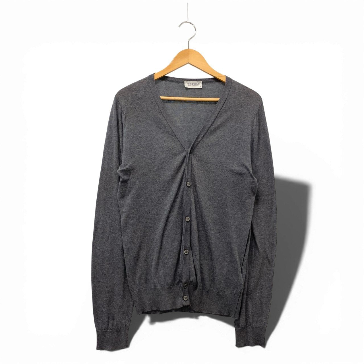 77b17 JOHN SMEDLEY ジョンスメドレー 英国製 ニットカーディガン コットンニット ロングスリーブ メンズ 紳士服 グレー Sサイズ 綿100％u02t