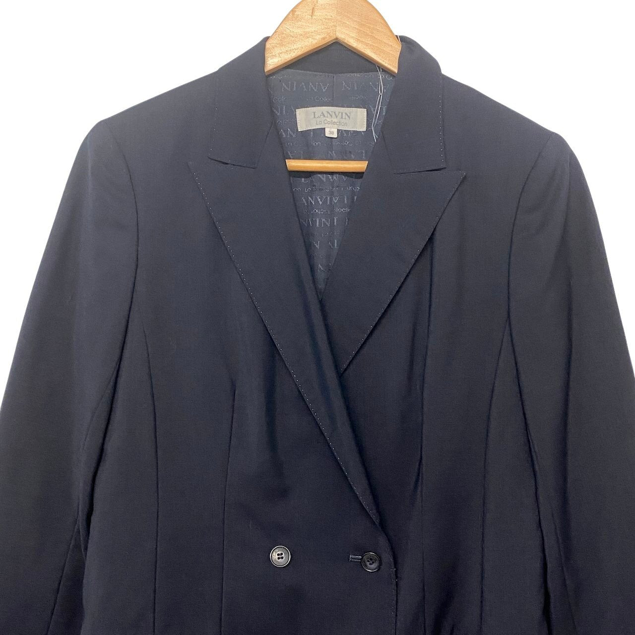 10h28 LANVIN La Collection ランバンコレクション ダブルブレスト テーラードジャケット ロングジャケット 裏地総柄 ウールモヘヤ混 サイズ38 ネイビー レディースo07t