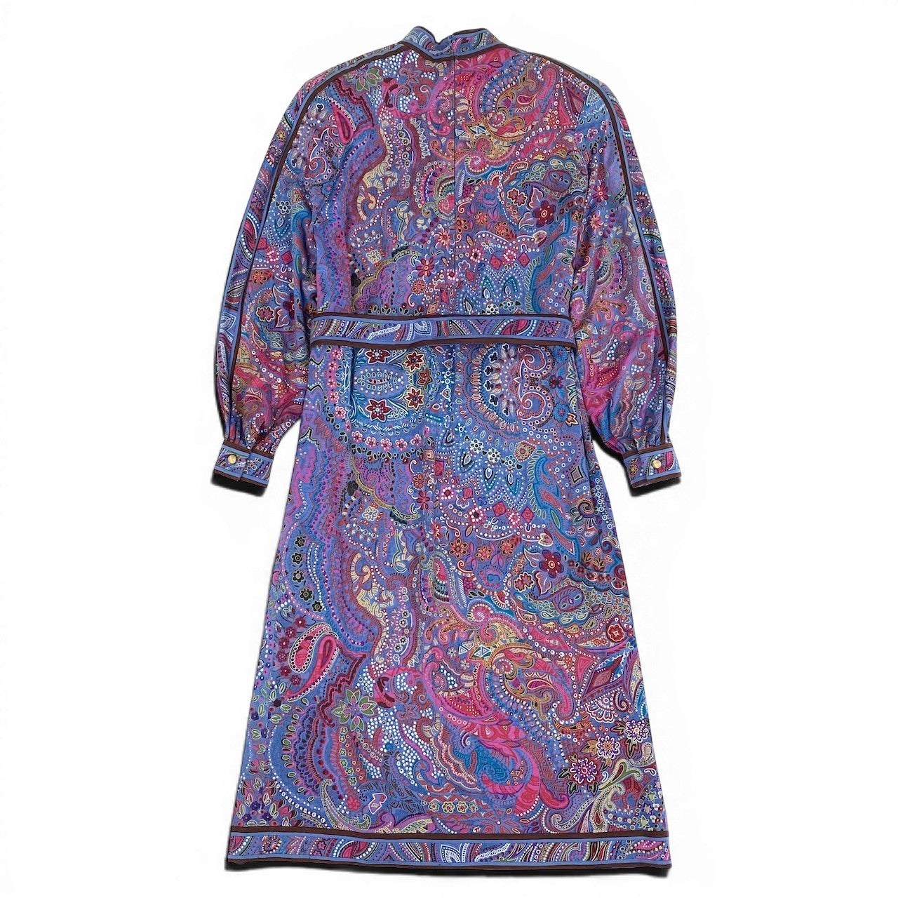 65d16 LEONARD FASHION レオナール ロングワンピース 総柄プリント ペイズリー柄 花柄 ベルト付 サイズM ブルー ウール シルク レディース 女性用u02t