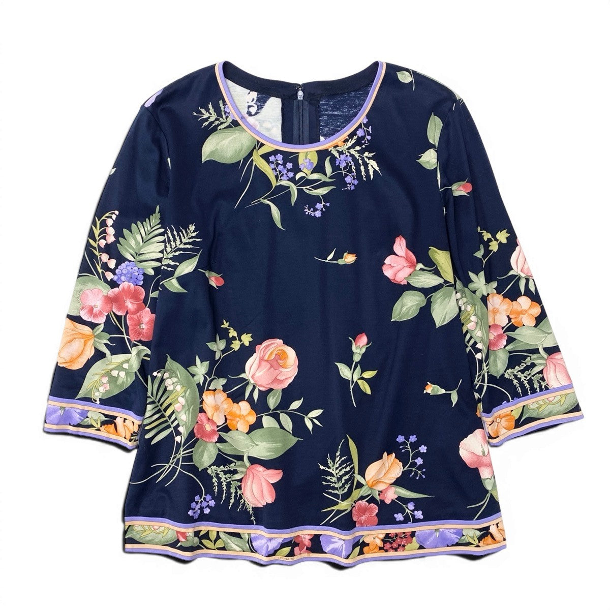 49g17 【美品】 LEONARD FASHION ロングスリーブ カットソー 美しい花柄プリント サイズ42 ネイビー コットン100％ レディースu02t