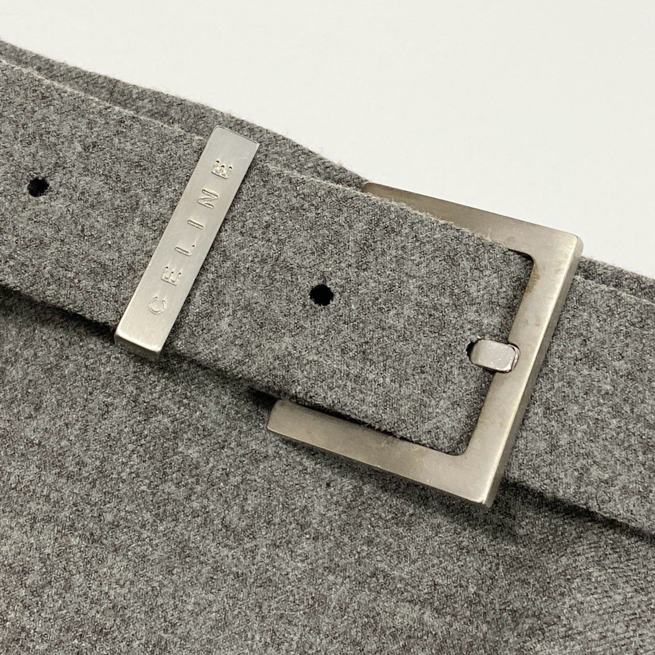 28b20 Vintage CELINE セリーヌ ロゴベルト付き タイトスカート 膝丈 46 グレー フランス製 大きいサイズu02t