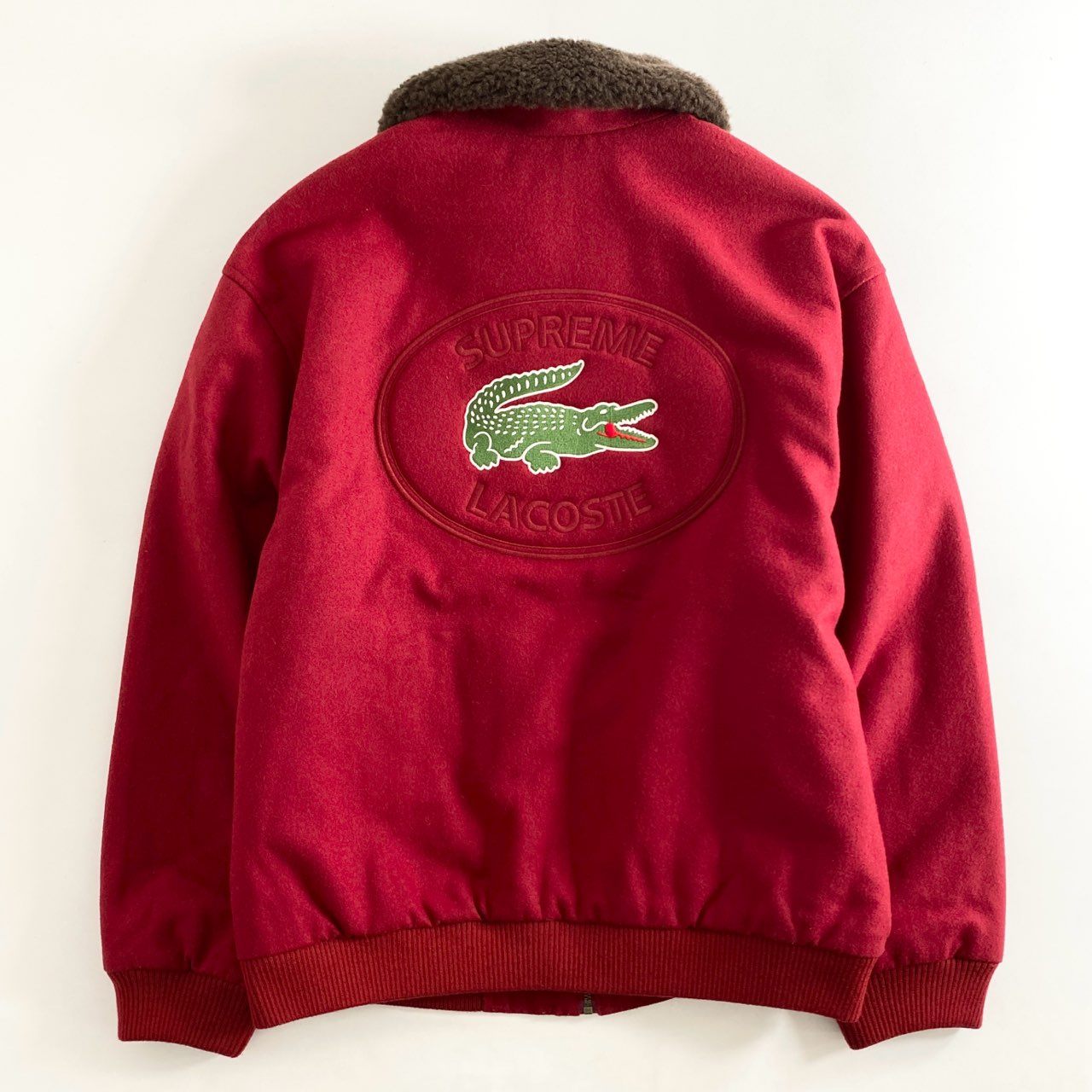 31h30 Supreme シュプリーム × LACOSTE ラコステ ウールボンバージャケット スタジアムジャケット スタジャン ブルゾン デカロゴ BH1869L サイズL レッド メンズ