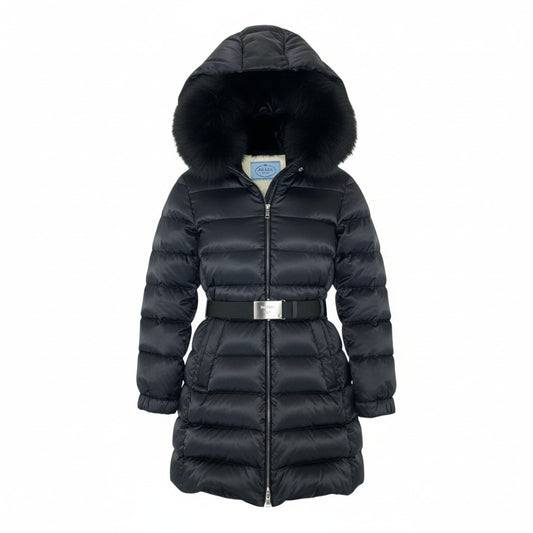 57L8《極美品》 PRADA プラダ ブルーフォックスファー ダウンコート 28G062 サイズ40 ブラック ホワイトグースダウン ベルト付t18r