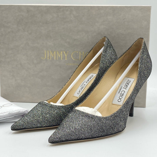 5h29《極美品》定価￥75.900 JIMMY CHOO ジミーチュウ AGNES アニエス グリッター パンプス 34 1/2 シルバー ラメ 結婚式 パーティ セレモニー 箱 保存袋t18r