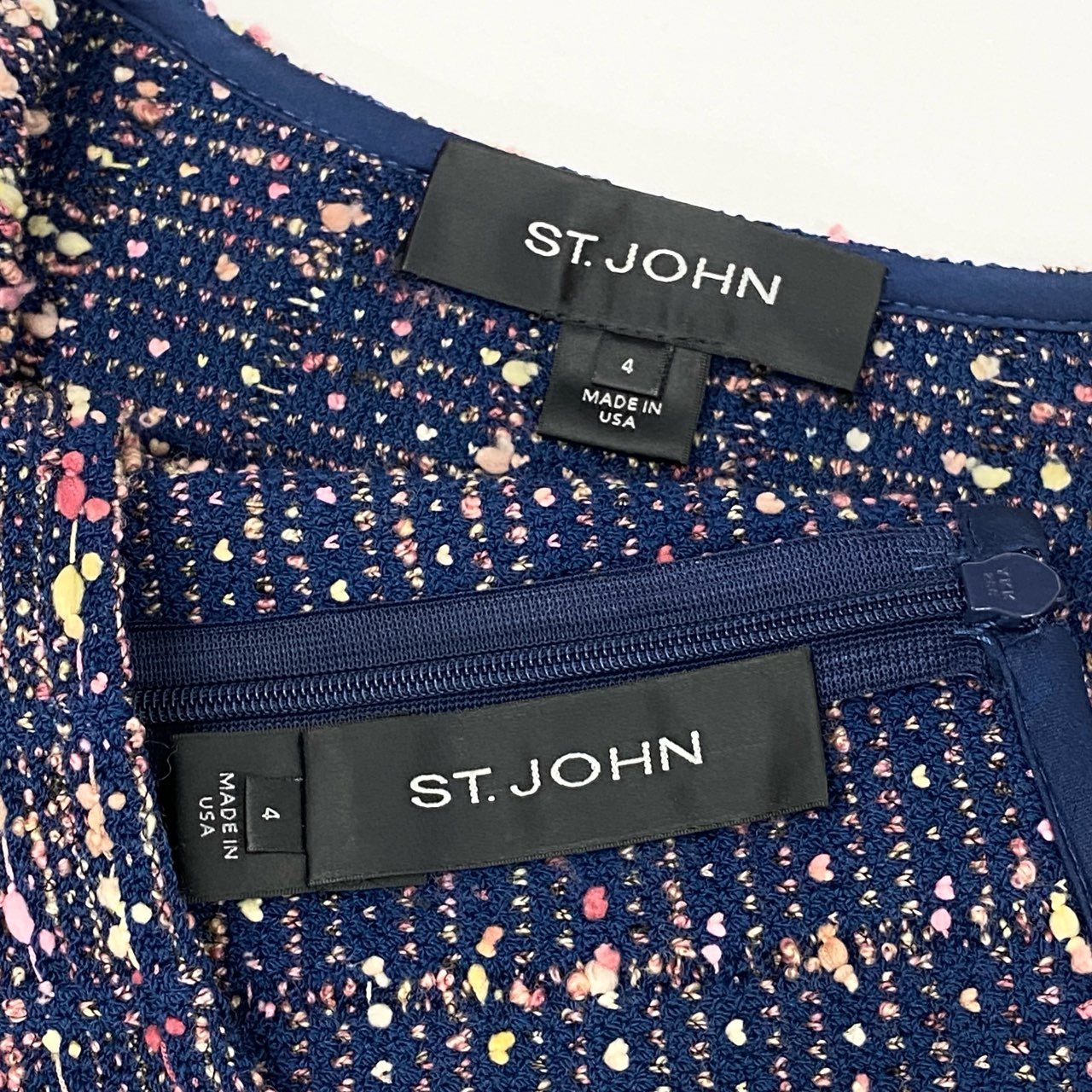 36a7 ST.JOHN セントジョン ワンピース ジャケット セットアップ アンサンブル 金ボタン ツイード 4 XLサイズ ネイビー ピンク系 レディースo07t