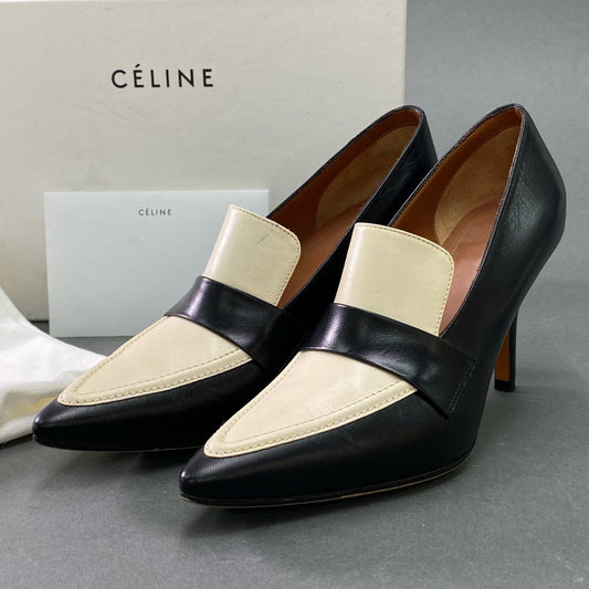 6e26 CELINE セリーヌ Loafer 85 バイカラー パンプス 36.5 ブラック ホワイト レザー フィービー期 ローファー シューズ 箱 保存袋付