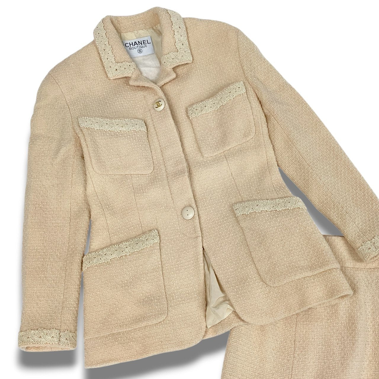 Cc3 CHANEL ヴィンテージ シャネル ココマークボタン ツイードジャケット スカート セットアップ  M相当 アイボリー レディース 女性用 スーツta1