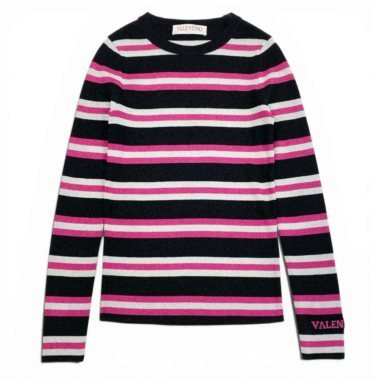b23 【美品】VALENTINO ヴァレンティノ 2021年 袖ロゴ入り ラメ混紡 タイトニットセーター サマーニット サイズXXS マルチカラー レディース トップスk02i