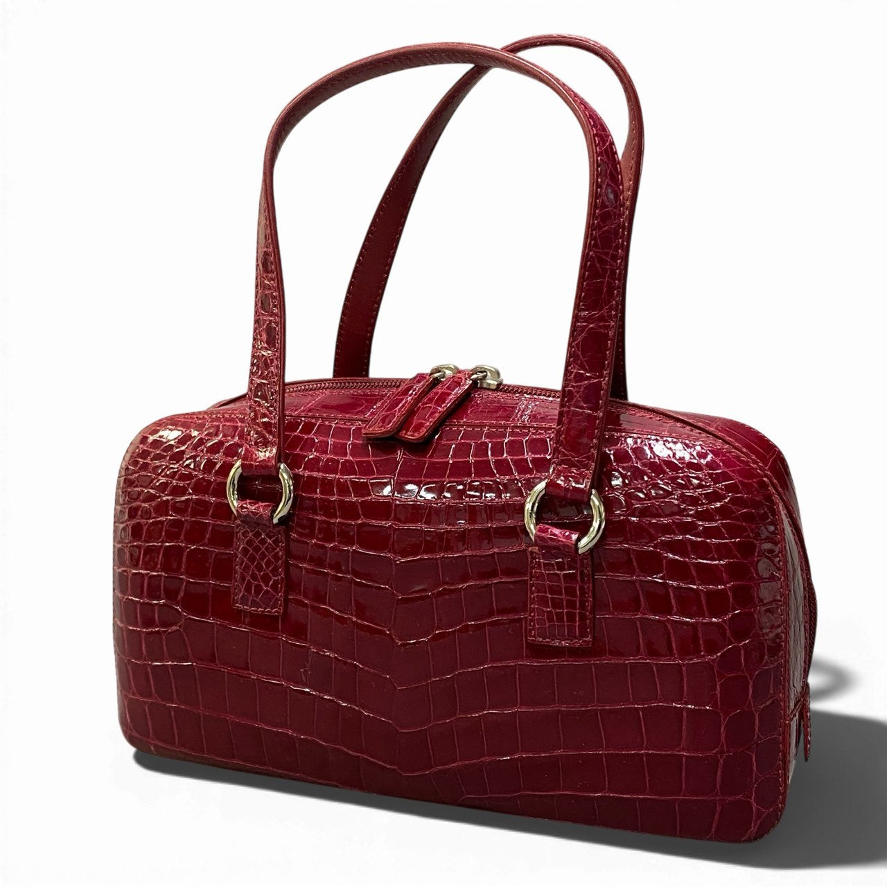 E22《JRA認定》 シャイニングクロコ ハンドバッグ センター取り レッド 本革 クロコダイル Crocodile Bagt18r