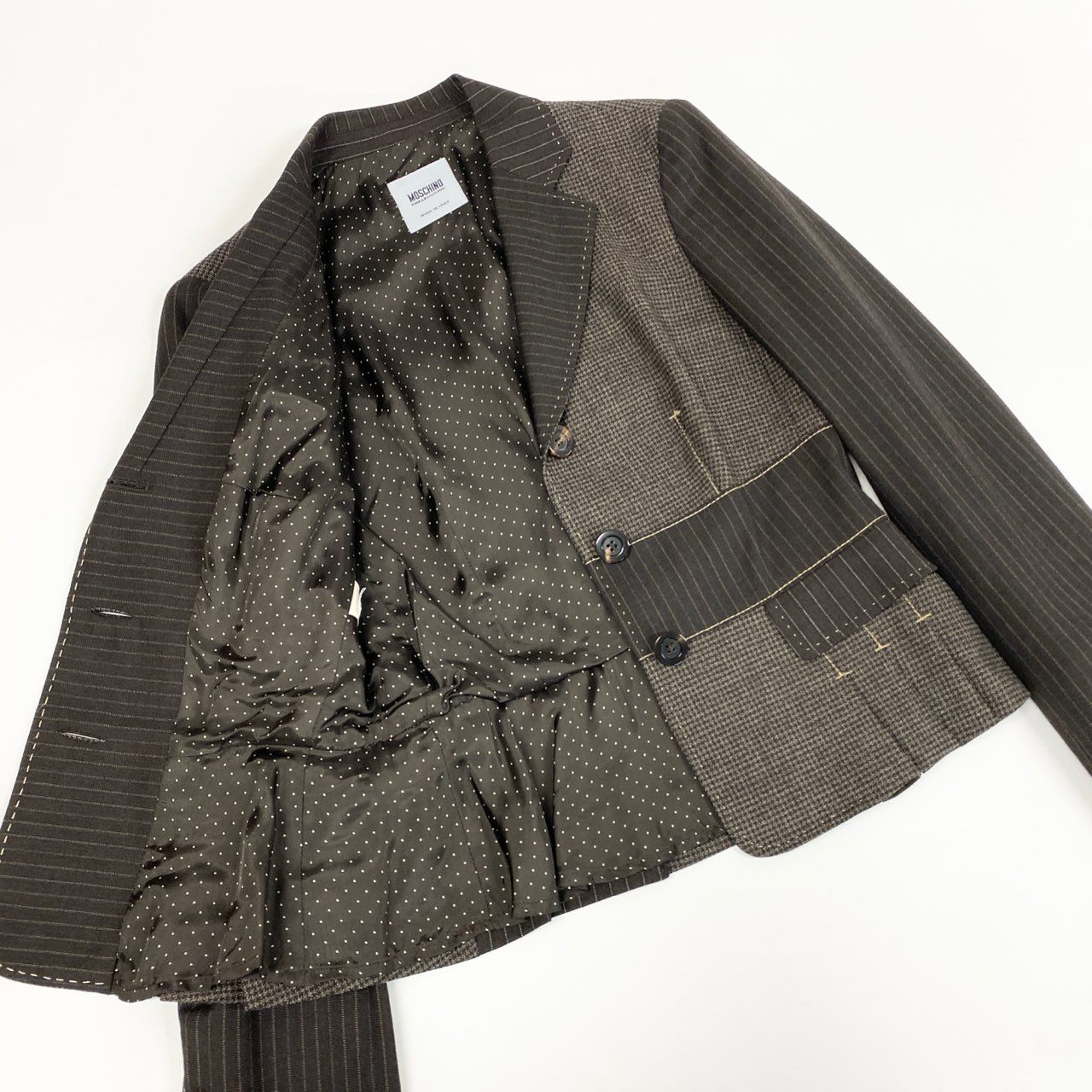 30b11【美品】MOSCHINO モスキーノ スカートセットアップ ジャケット プリーツスカート パッチワークデザイン Sサイズ相当/40サイズ ブラウン系 画像参照 レディース 女性用u02t