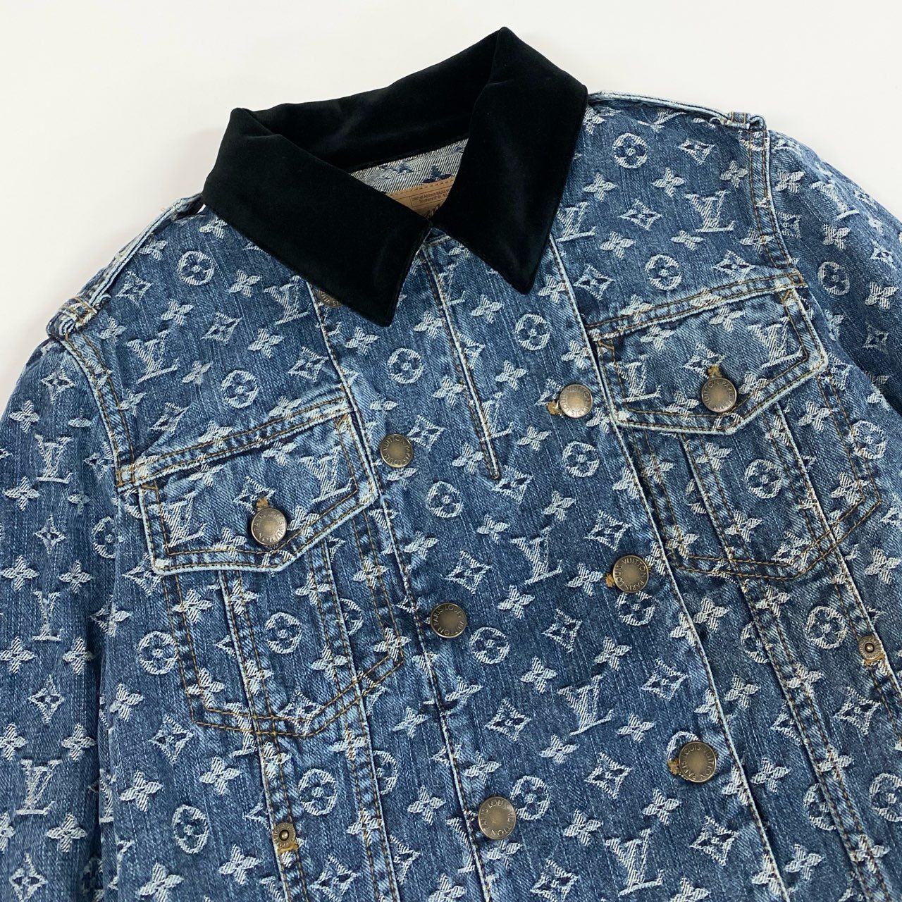Id7 LOUIS VUITTON ヴィンテージ ルイヴィトン モノグラムジャガード ダブルデニムジャケット サイズ38 インディゴ レディースta1