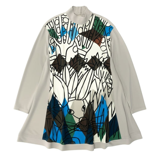 84b27 TOKUKO 1er VOL トクコプルミエヴォル ロングスリーブワンピース 膝丈 アニマルプリント 伸縮ストレッチ バックジップ レディース 女性服 サイズ9 ベージュu02t