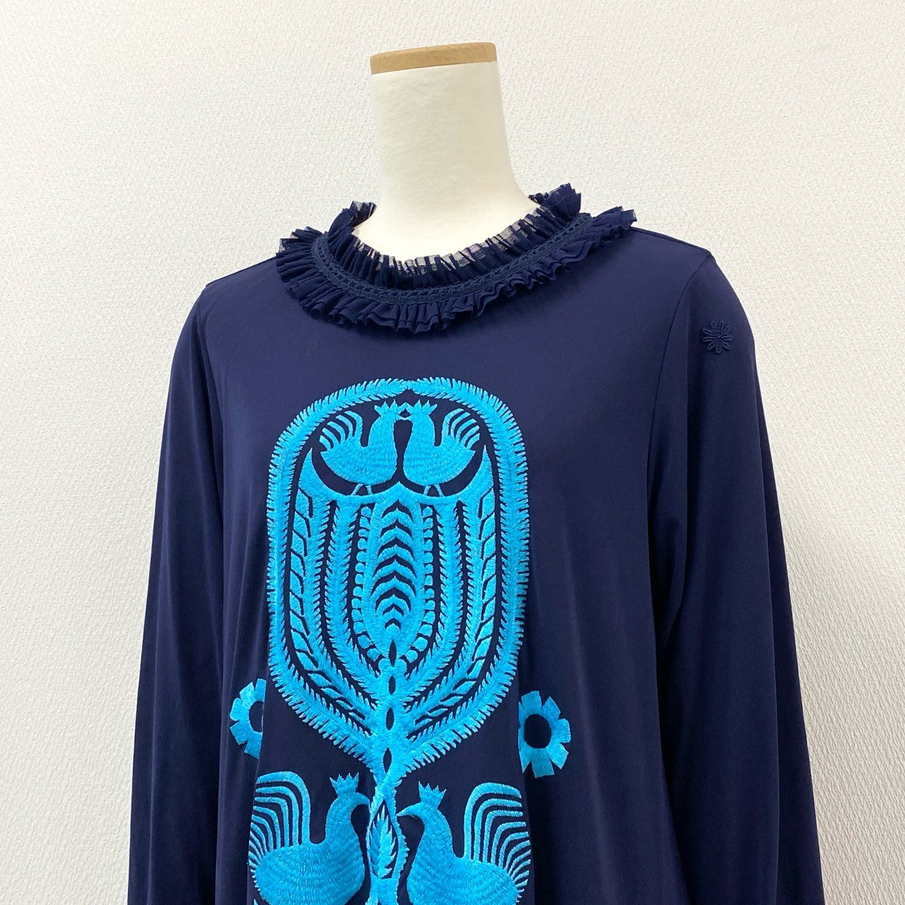 70i2 《未使用保管品》 タグ付 TOKUKO 1er Vol トクコプルミエヴォル フリル アニマル刺繍 長袖ワンピース チュニック 日本製 9 Mサイズ相当 ネイビー系 レディースo07t