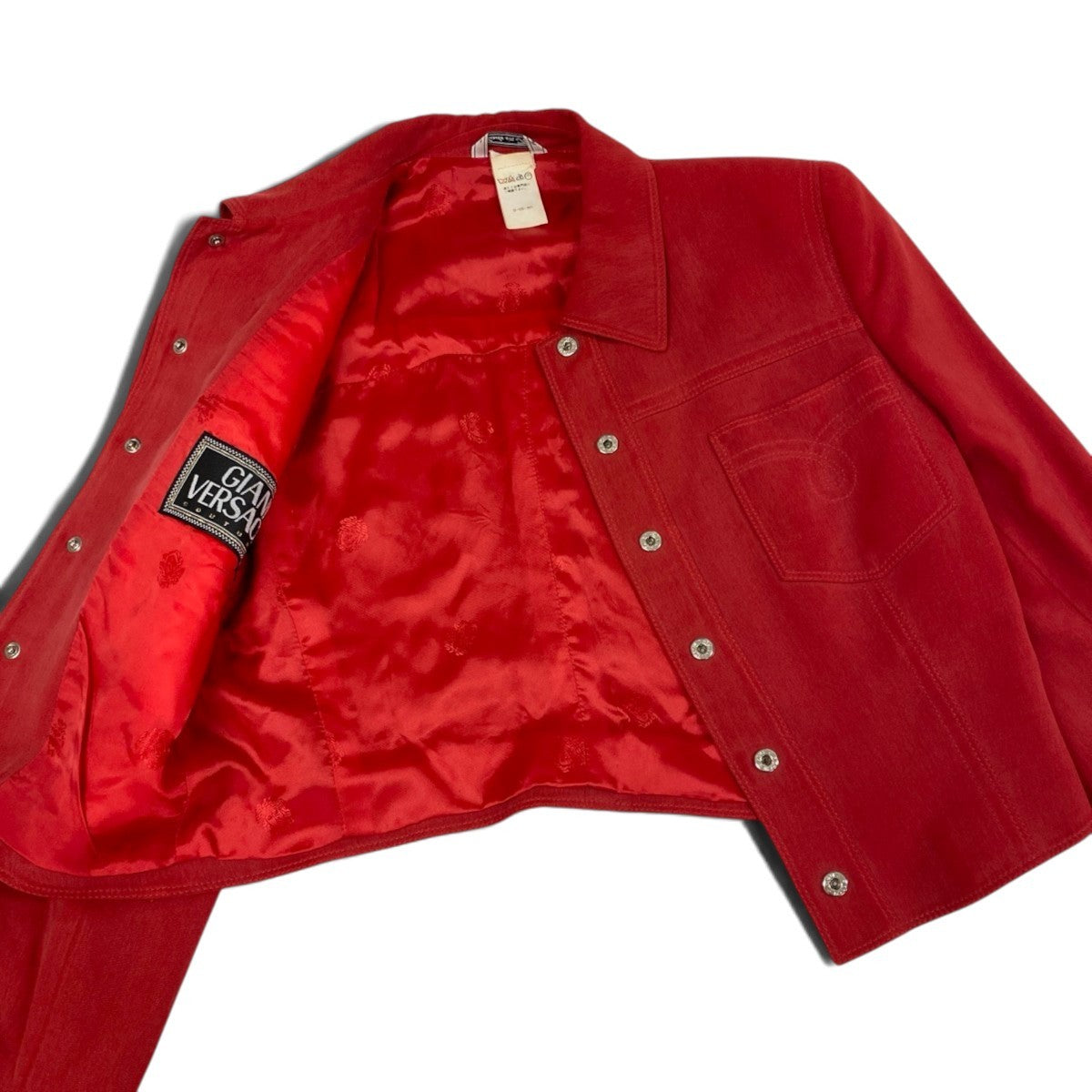 Ii7 【美品】 GIANNI VERSACE ジャンニヴェルサーチ ヴィンテージジャケット メデューサボタン サイズ40 レッド シルク100％ レディースk02i