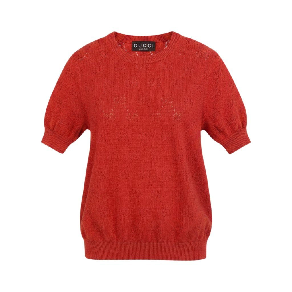 Ig3《美品》 GUCCI グッチ 現行品 GGポインテール コットンシルク トップ GG Pointelle Silk and Cotton Top 856204 サイズXS レッドt18r
