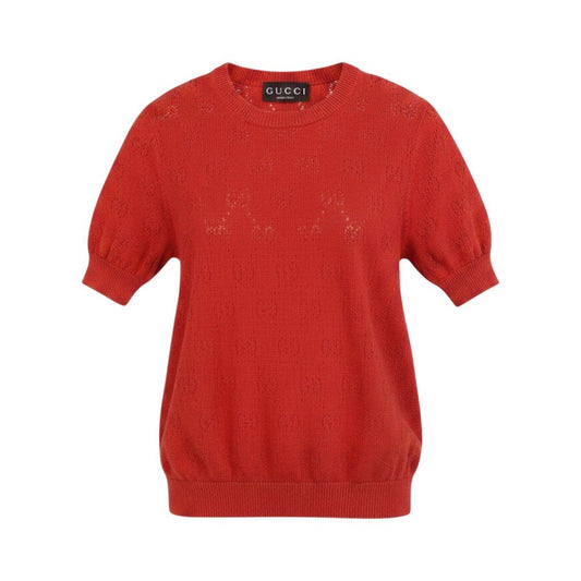 Ig3《美品》 GUCCI グッチ 現行品 GGポインテール コットンシルク トップ GG Pointelle Silk and Cotton Top 856204 サイズXS レッドt18r