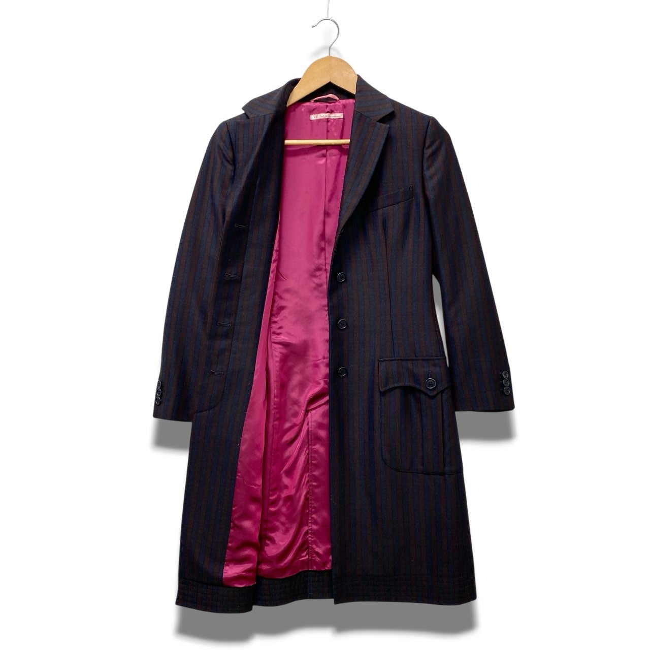9b18 PS Paul Smith woman ポールスミス シルクブレンド ジャケットコート サイズ40 ネイビー ブラウン ストライプ柄 テーラードt18r