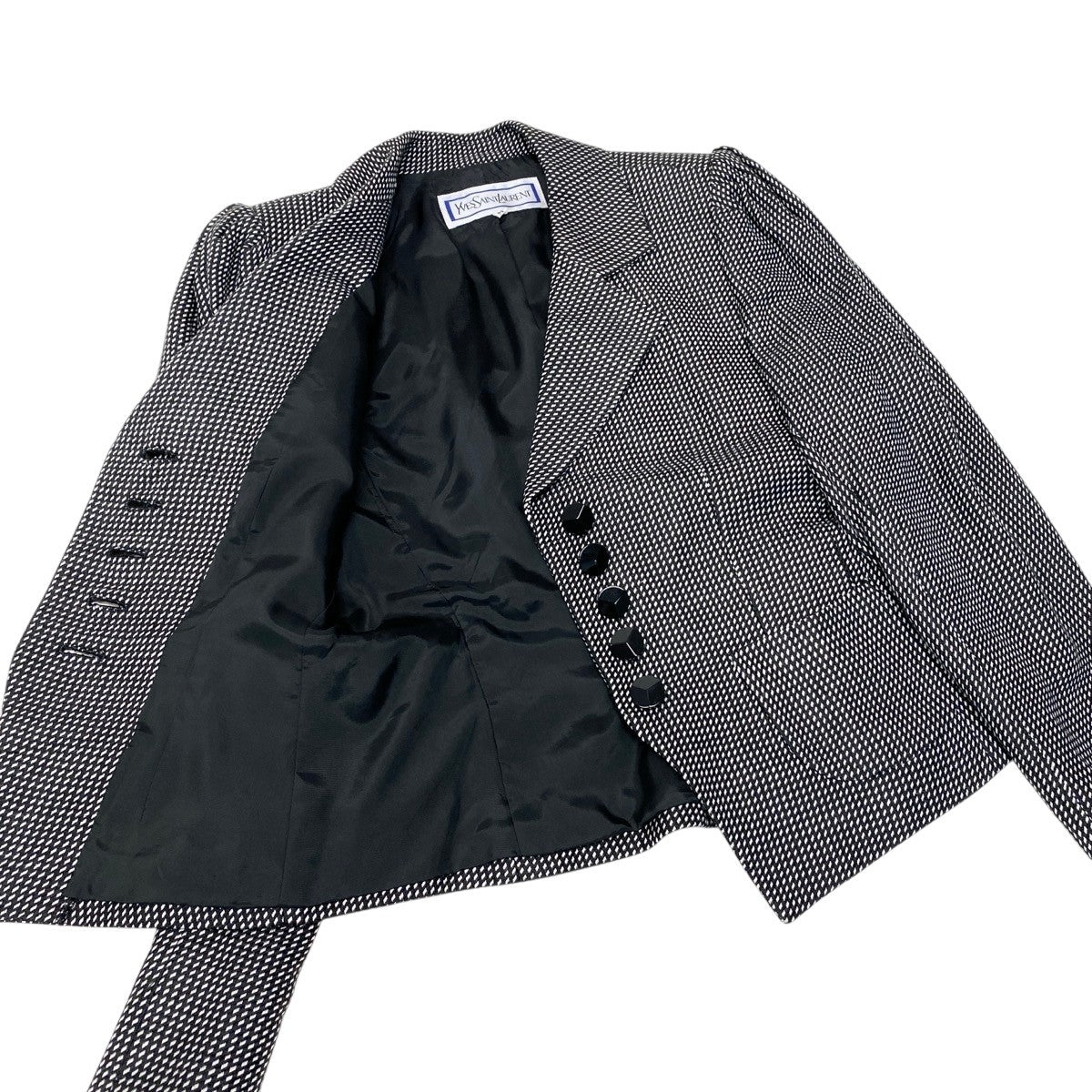 87h25 YVES SAINT LAURENT イヴサンローラン テーラードジャケット 総柄 シルクブレンド サイズM ブラック ホワイト レディースo07t