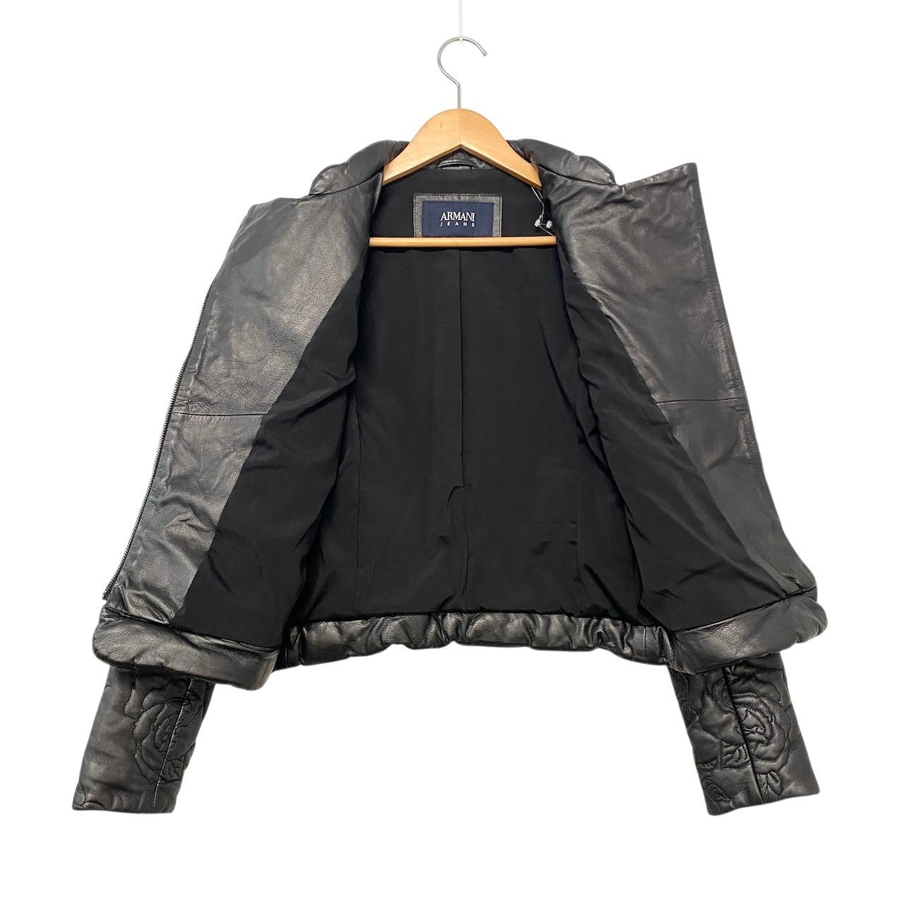 5h28 ARMANI JEANS アルマーニジーンズ ダブルライダースジャケット 中綿 レザージャケット バラ柄 サイズ40 ブラック レディース女性用u02t