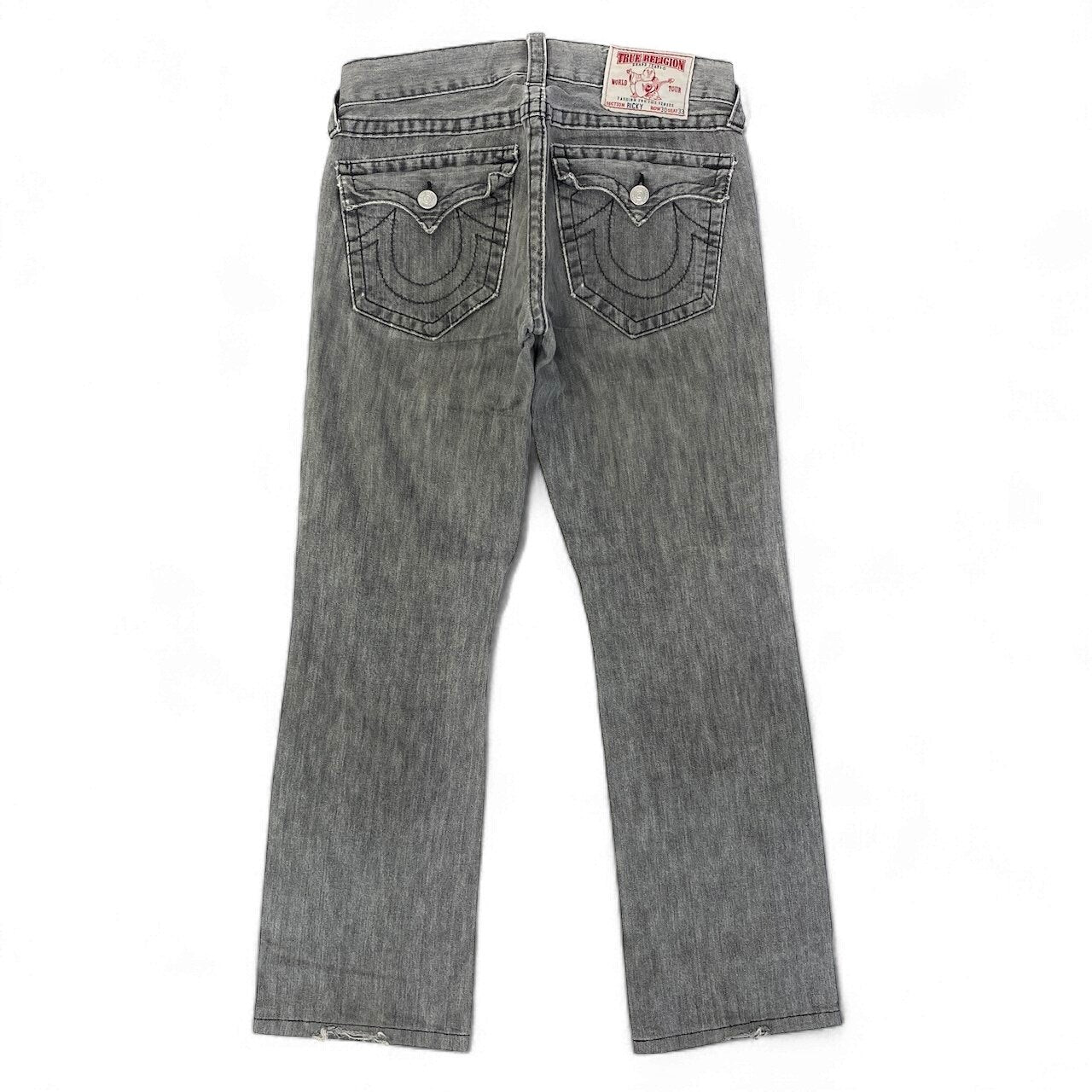 69d30 米国製 TRUE RELIGION トゥルーレリジョン RICKY ストレートフィットデニム デニムパンツ ひ型マーク 馬蹄  ROW30/SEAT33 グレー系 コットン100％ メンズ 紳士服u02t