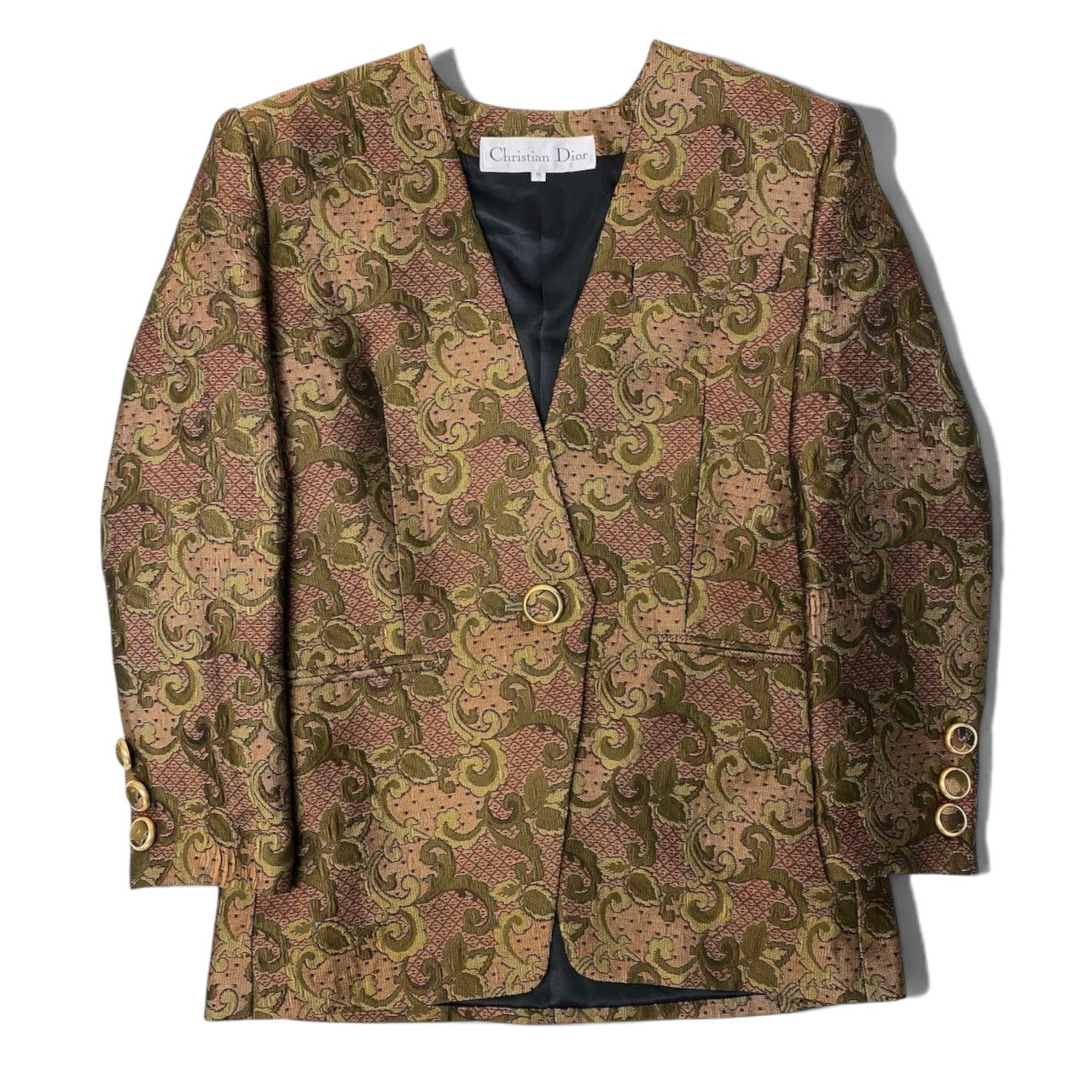 77h20【美品】 Christian Dior クリスチャンディオール ノーカラージャケット 総柄 金ボタン サイズM マルチカラー レディースu02t