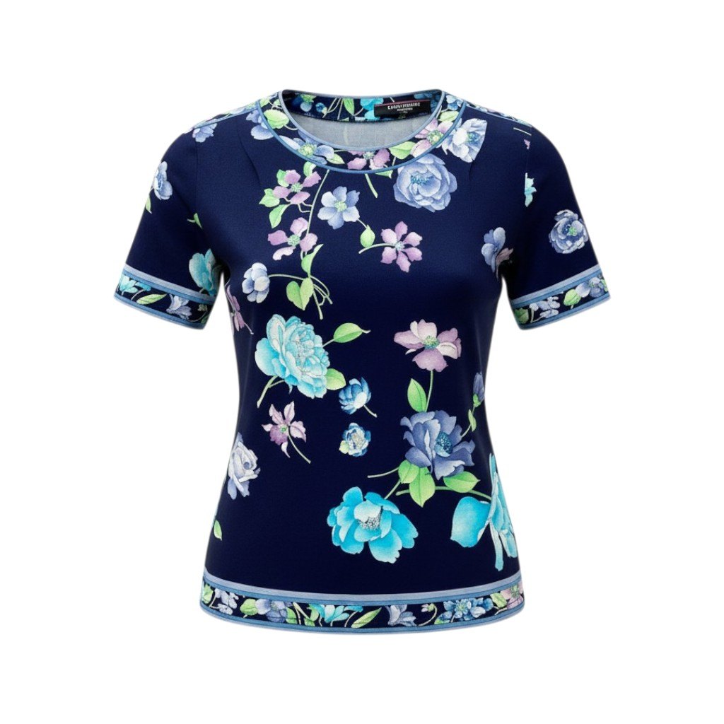 2c29 LEONARD FASHION レオナール 半袖Tシャツ カットソー 美しい花柄プリント レディース 女性服 L ネイビー コットン100％u02t