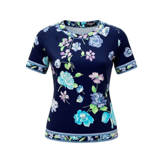 2c29 LEONARD FASHION レオナール 半袖Tシャツ カットソー 美しい花柄プリント レディース 女性服 L ネイビー コットン100％u02t