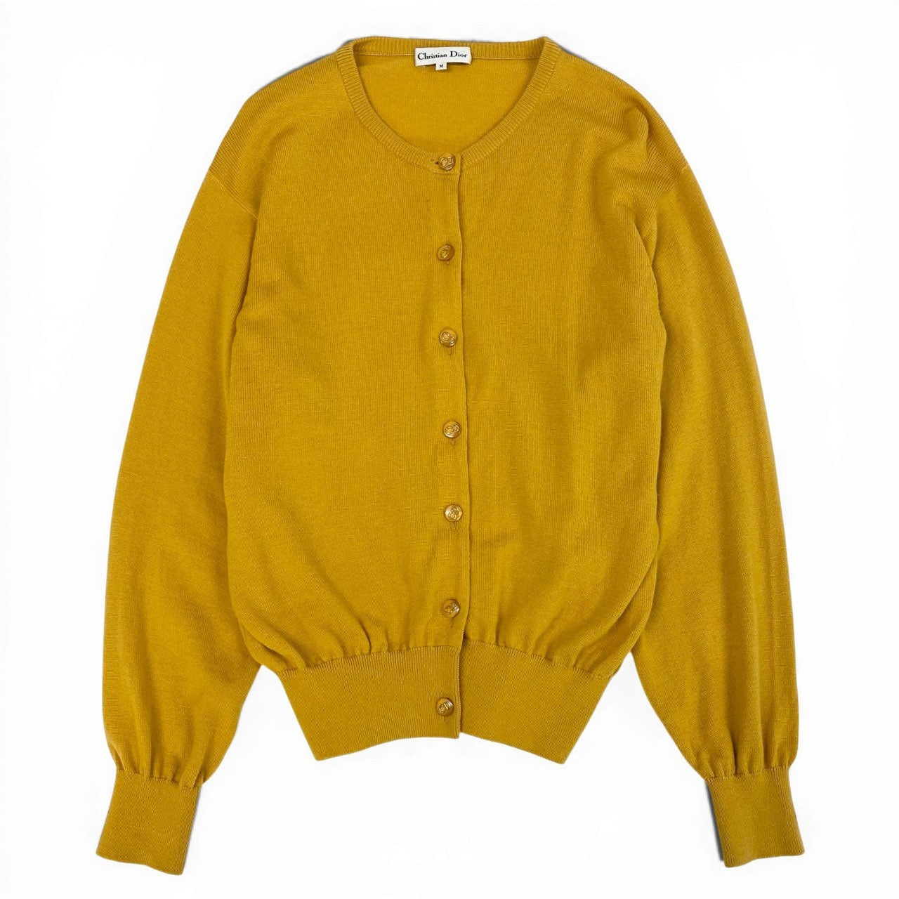 42a23 Christian Dior クリスチャンディオール CDボタン ニットカーディガン トップス M イエロー ウール レディースu02t