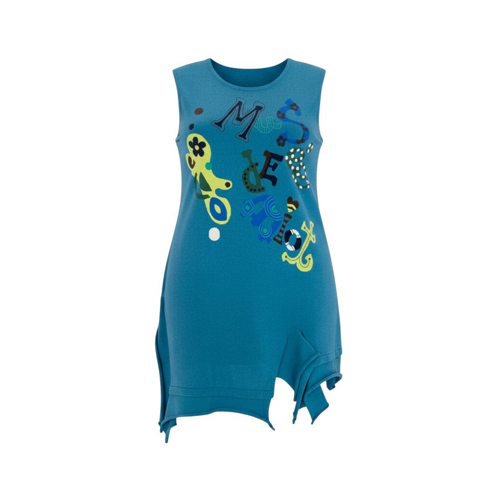 41k26 《美品》 TOKUKO 1er VOL トクコプルミエヴォル ノースリーブ ニットワンピース アルファベット刺繍 花柄 レディース 女性用 9 ブルー系u02t